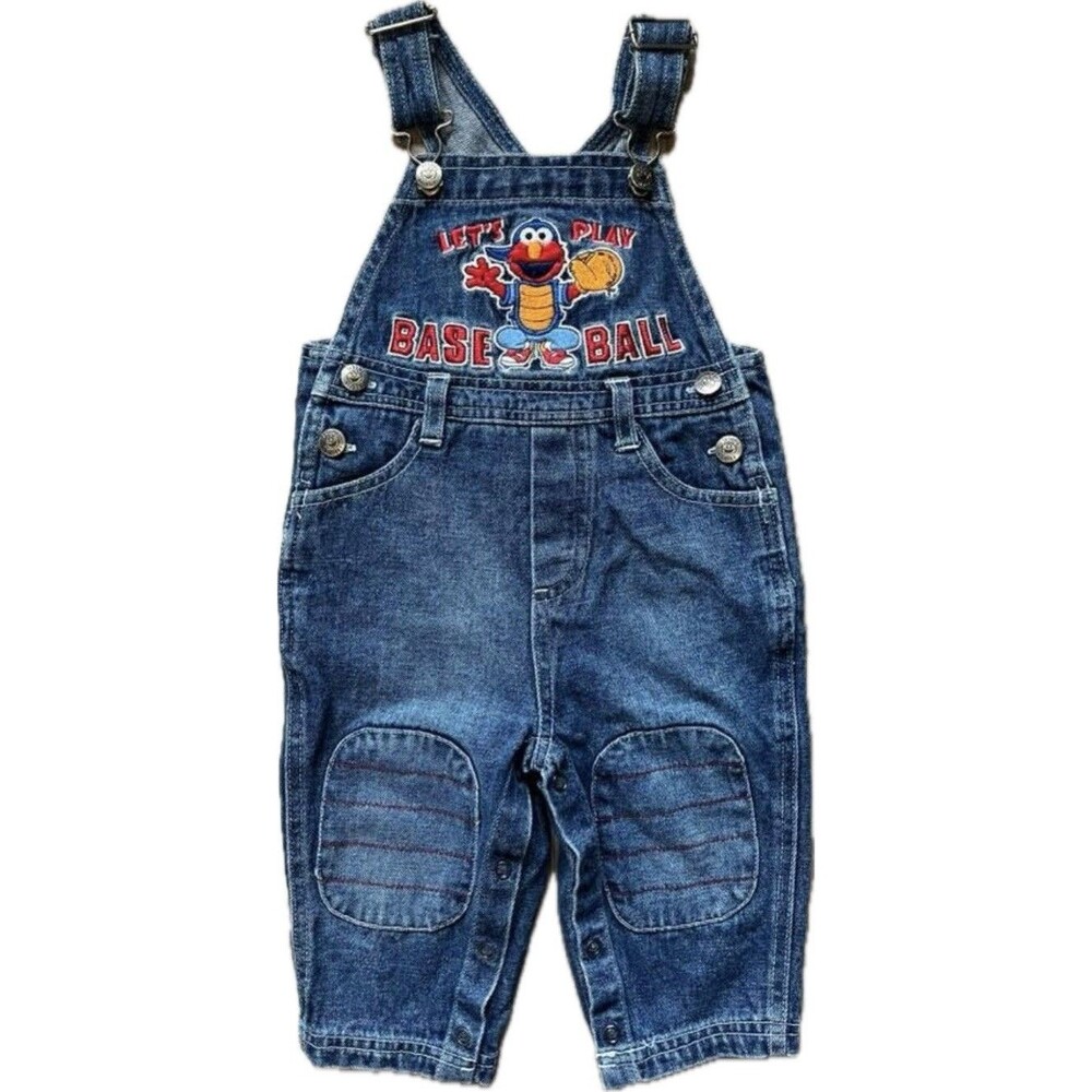 Sesame Street Elmo Denim Bib Overalls One-Piece "Let's Play Baseball" 9-12M